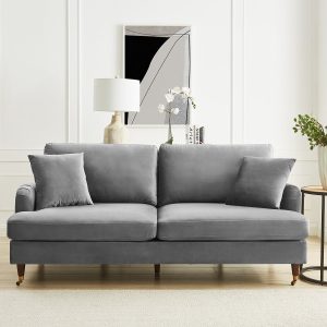 Brigette 3 Seater Grey Velvet Sofa with Antique Brass Castor Legs