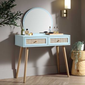 Frances Woven Rattan Dressing Table with Mirror, Mint