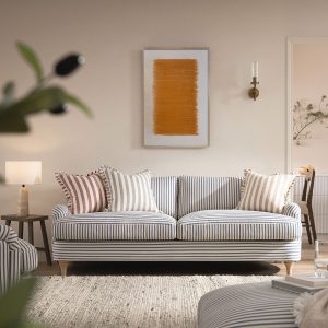 Daphnis Blue Striped Linen Blend Sofa, 3-Seater