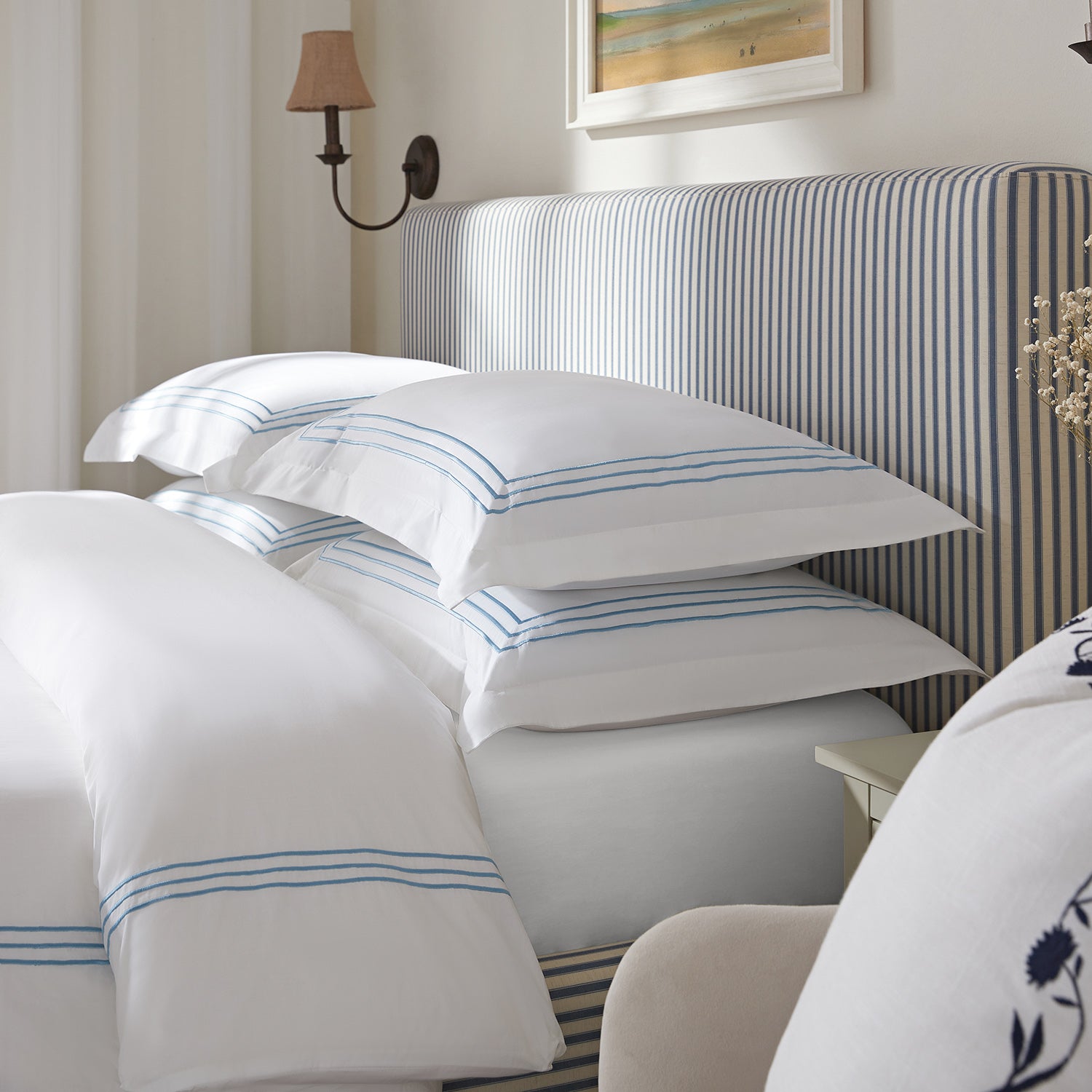Belvedere Royal Blue Cord Embroidered 300 Thread Count Cotton Percale Oxford Pillowcases - Pair - Image 3