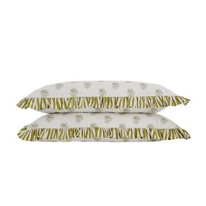 Darcy Floral Olive Green Ruffle Linen Blend Pillowcases - Pair