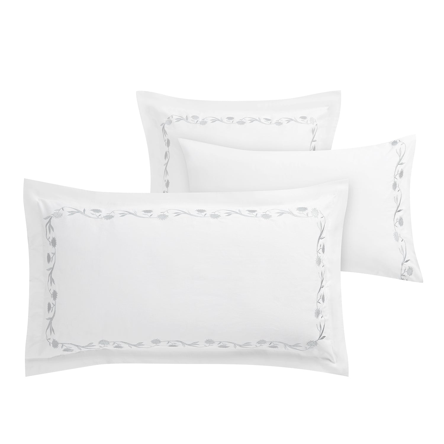 Adeline Moonshine Grey Floral Embroidered 600 Thread Count Cotton Sateen King Size Oxford Pillowcases - Pair - Image 2