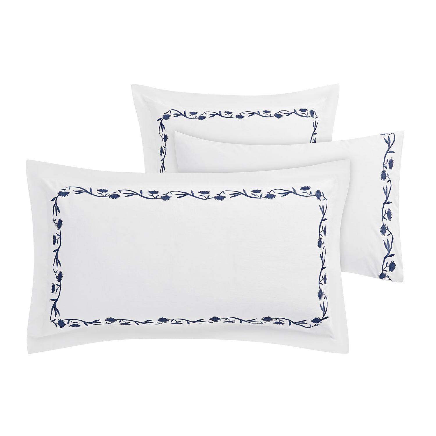 Adeline Midnight Blue Floral Embroidered 600 Thread Count Cotton Sateen King Size Oxford Pillowcases - Pair - Image 2