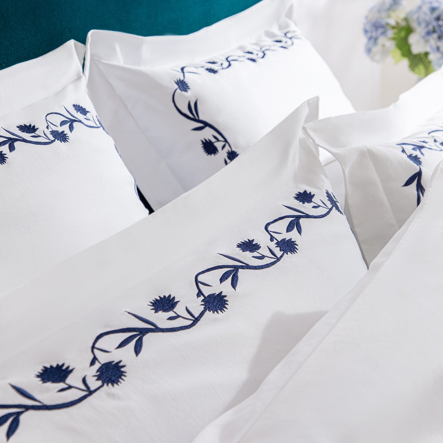 Adeline Midnight Blue Floral Embroidered 600 Thread Count Cotton Sateen King Size Oxford Pillowcases - Pair - Image 6