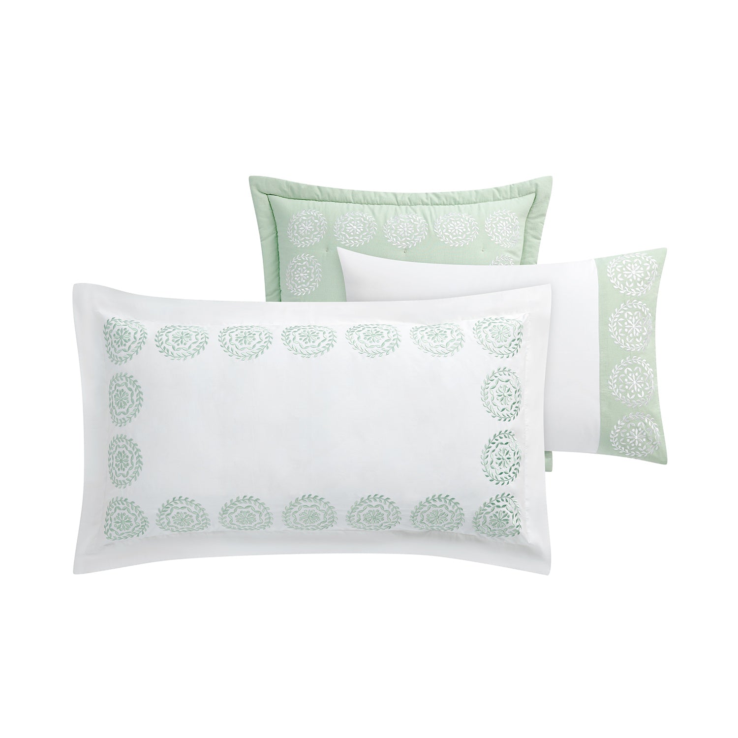 Elodie White & Seafoam Green Floral Embroidered 300 Thread Count Cotton Percale King Size Oxford Pillowcases - Pair - Image 2
