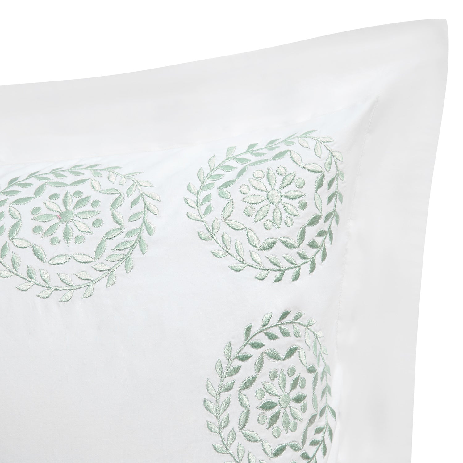 Elodie White & Seafoam Green Floral Embroidered 300 Thread Count Cotton Percale King Size Oxford Pillowcases - Pair - Image 3