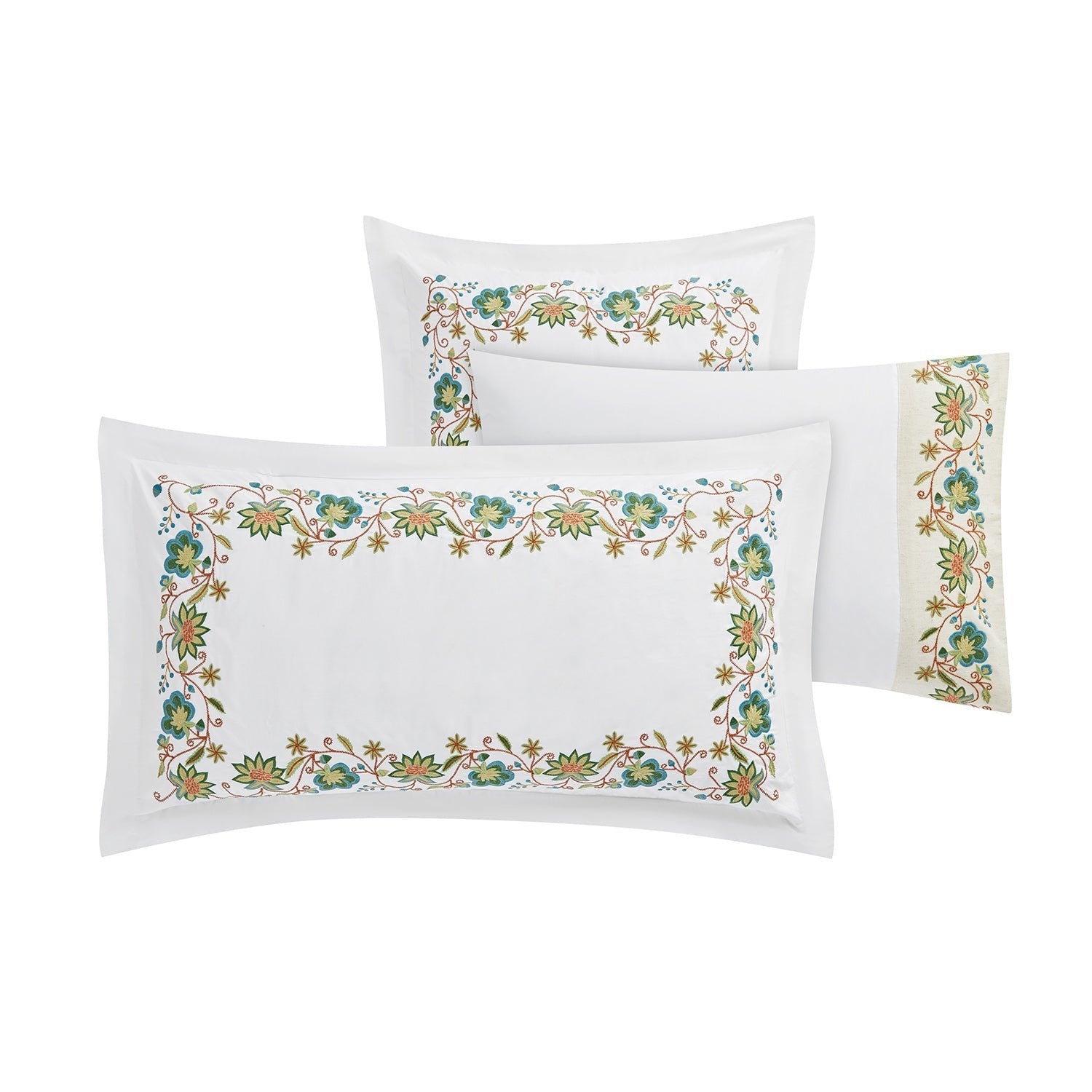 Flora & Fauna White Jacobean Floral Embroidered 300 Thread Count Cotton Percale King Size Oxford Pillowcases - Pair - Image 2