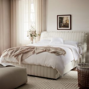 Celeste Upholstered Storage Bed with Ruffled Headboard, Seashell Stripe