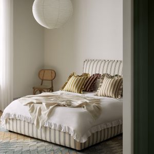 Celeste Upholstered Storage Bed with Ruffled Headboard, Laurel Green Stripe