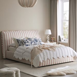 Celeste Upholstered Storage Bed with Ruffled Headboard, Peony Red Stripe
