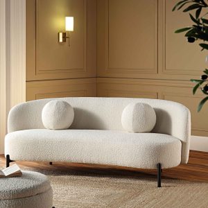 Amboise 3-Seater Curved Sofa with Ball Cushions, Ecru Boucle