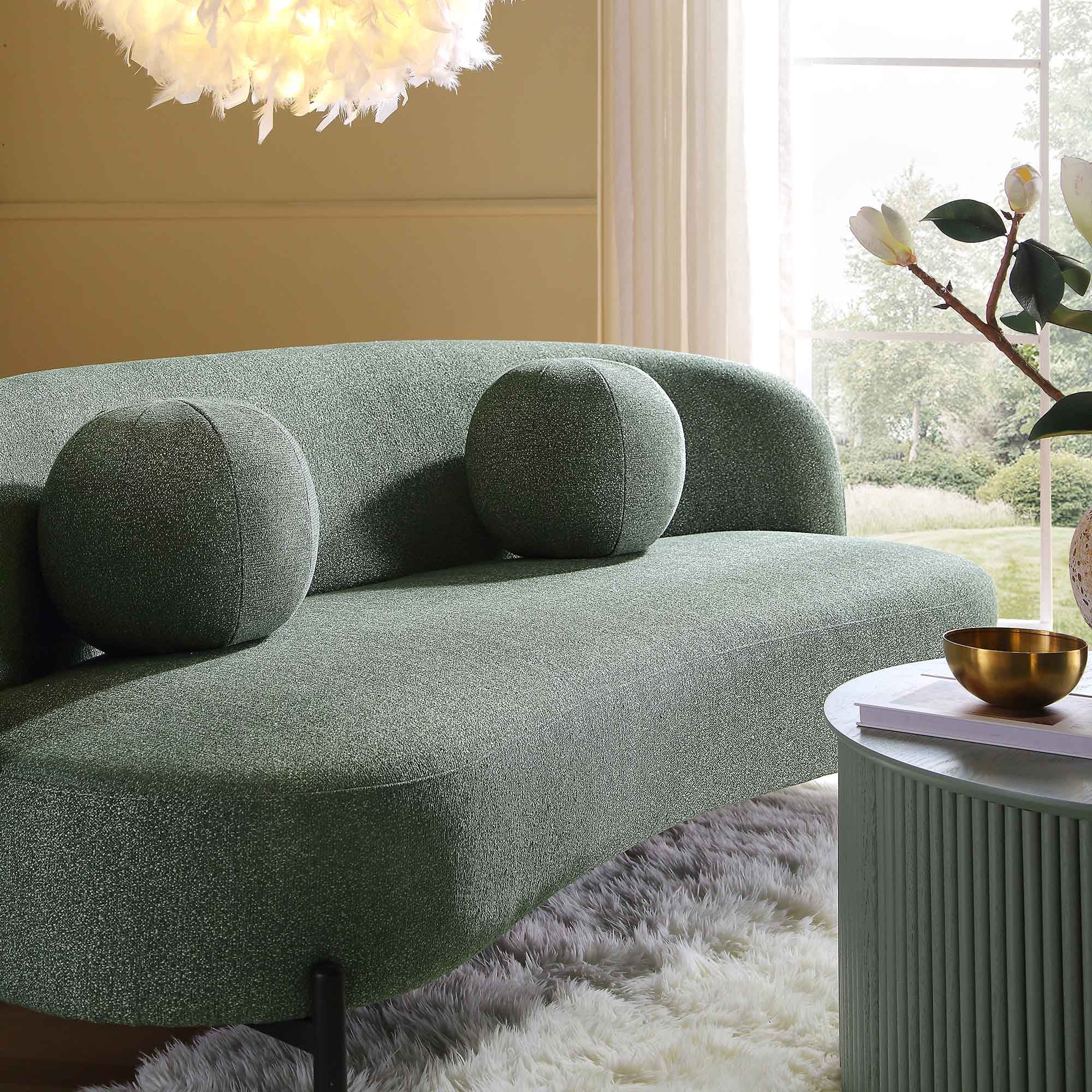 Amboise 3-Seater Curved Sofa with Ball Cushions, Spruce Green Textured Fabric - Image 4
